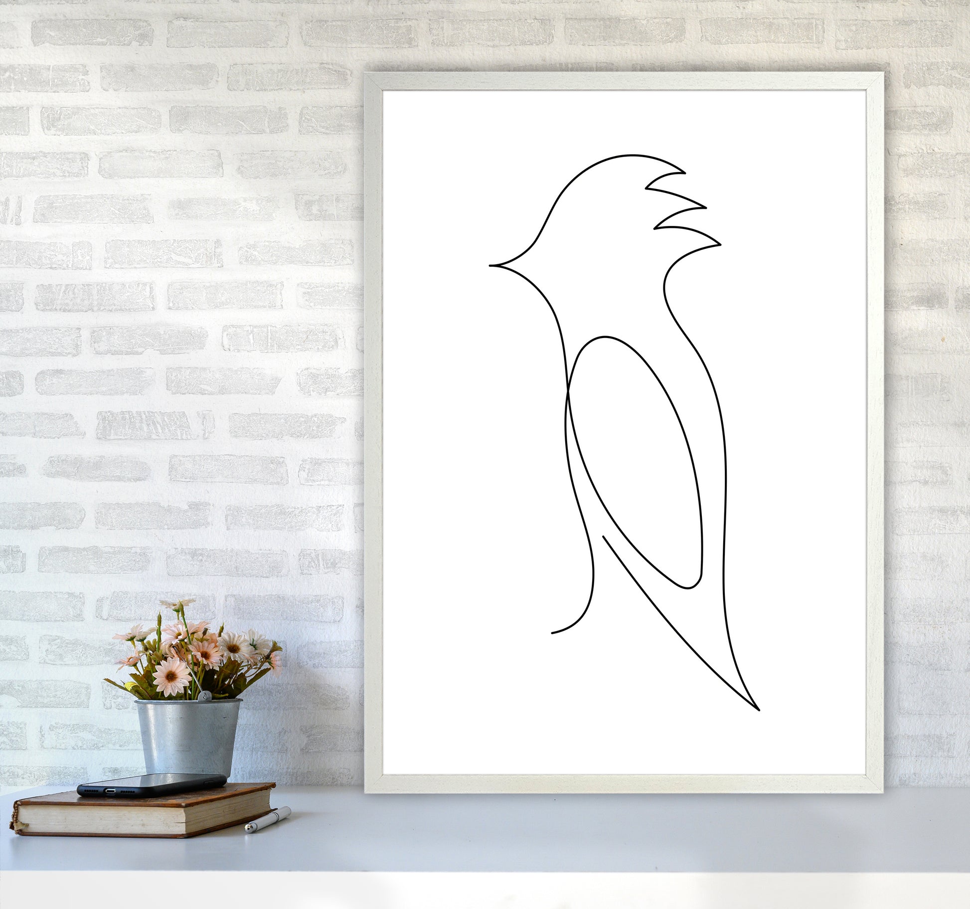 One Line Bird Art Print by Seven Trees Design A1 Oak Frame