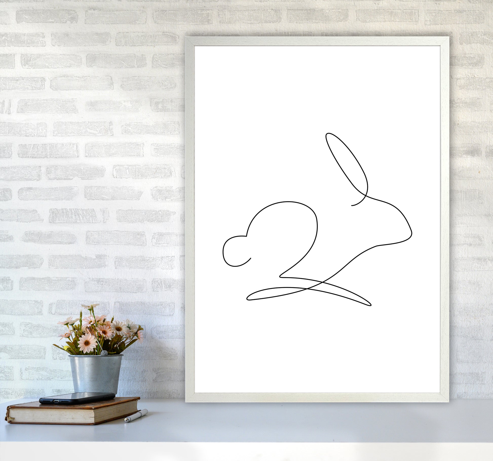 One Line Rabbit Art Print by Seven Trees Design A1 Oak Frame