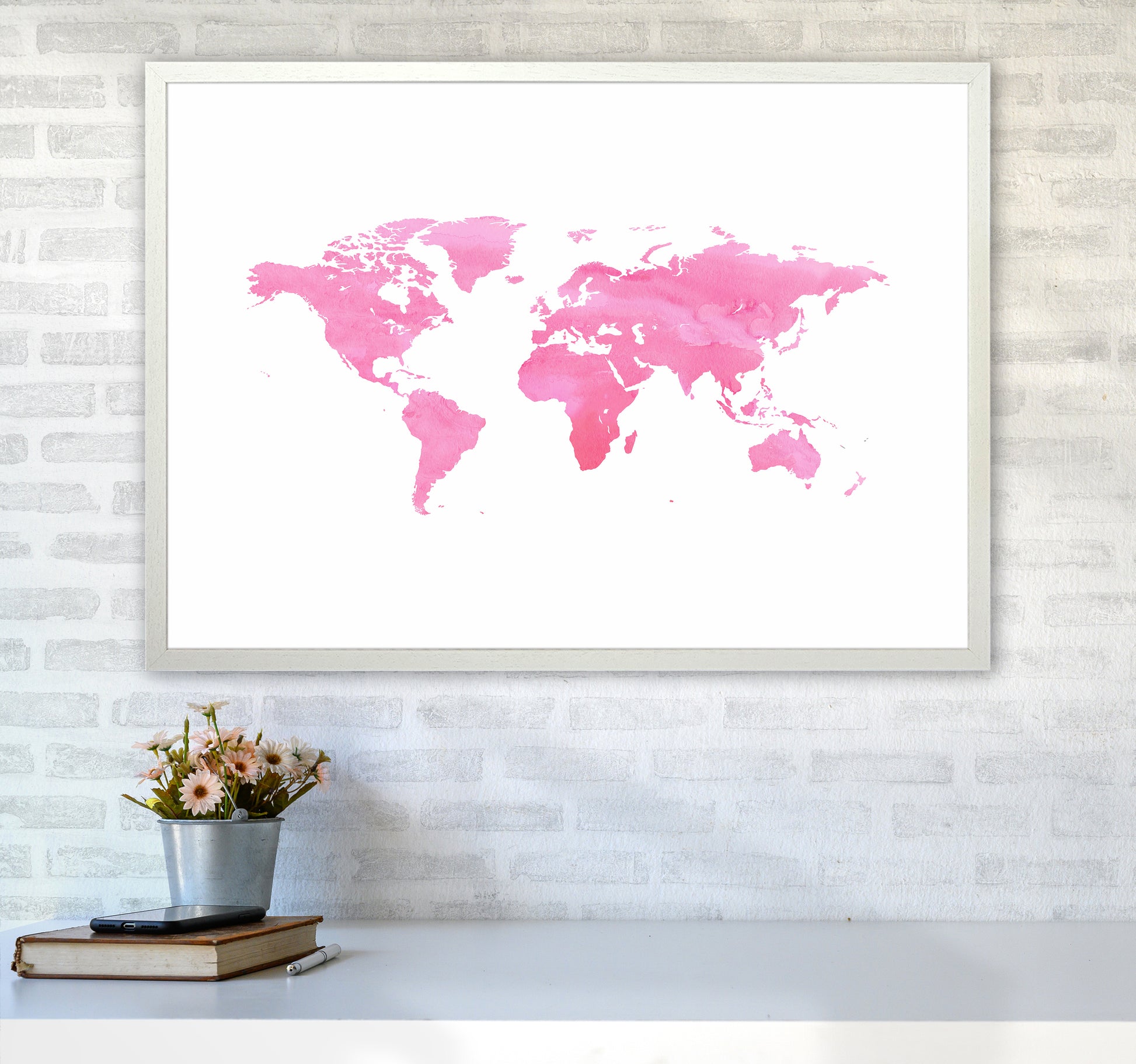 Pink Watercolor World Maps Art Print by Seven Trees Design A1 Oak Frame