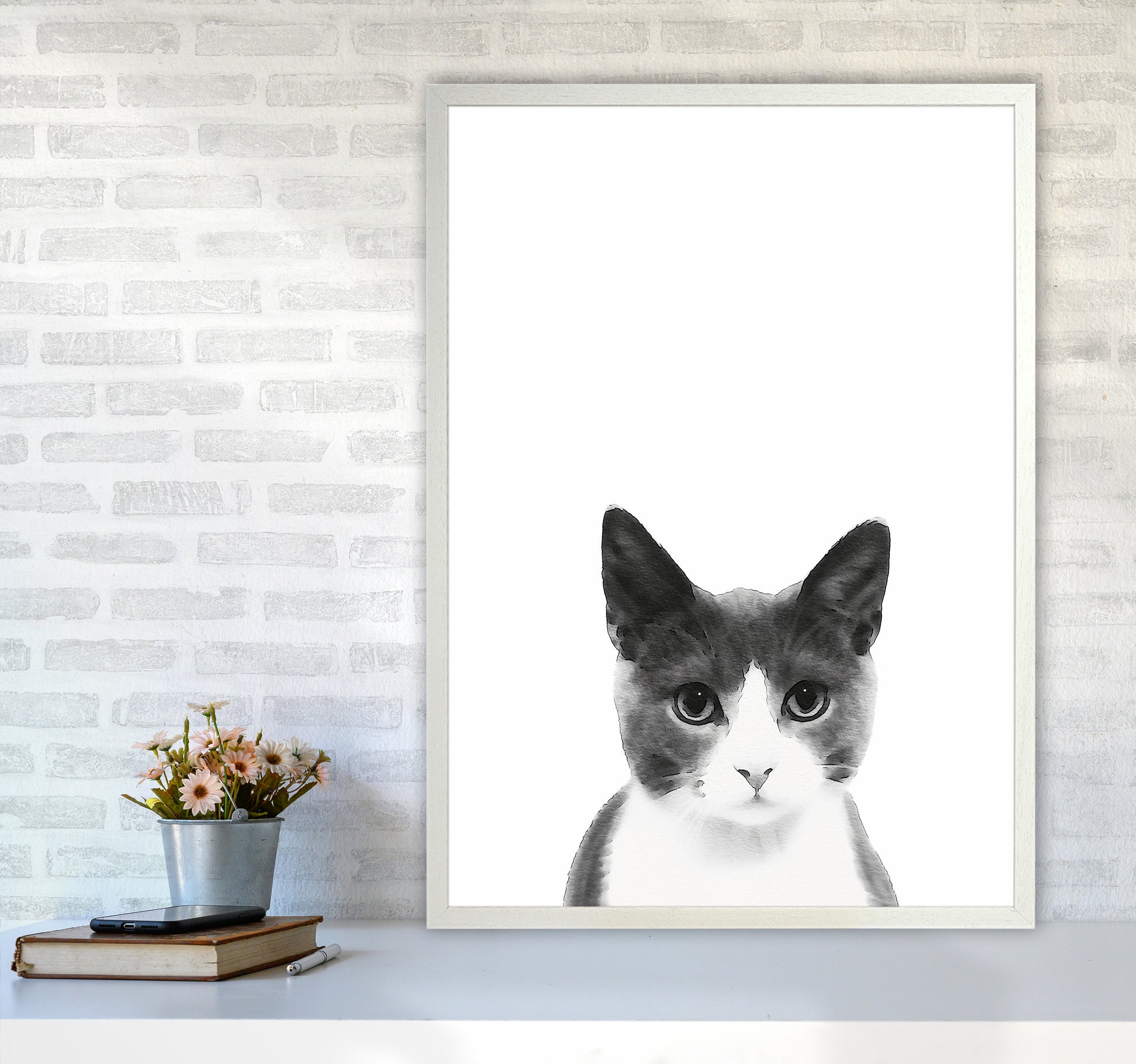 Watercolor Cat Art Print by Seven Trees Design A1 Oak Frame