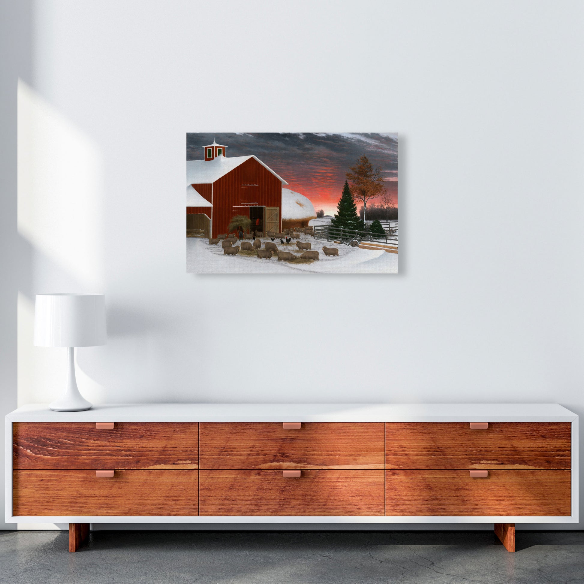 Snowy Farm Art Print by Seven Trees Design A2 Canvas