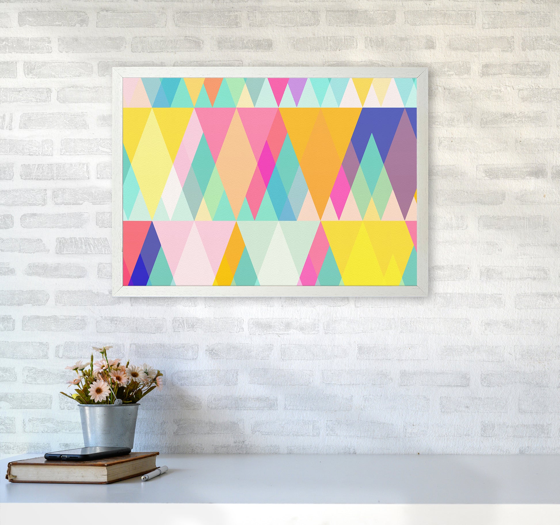 Happy Geometry Abstract Art Print by Seven Trees Design A2 Oak Frame