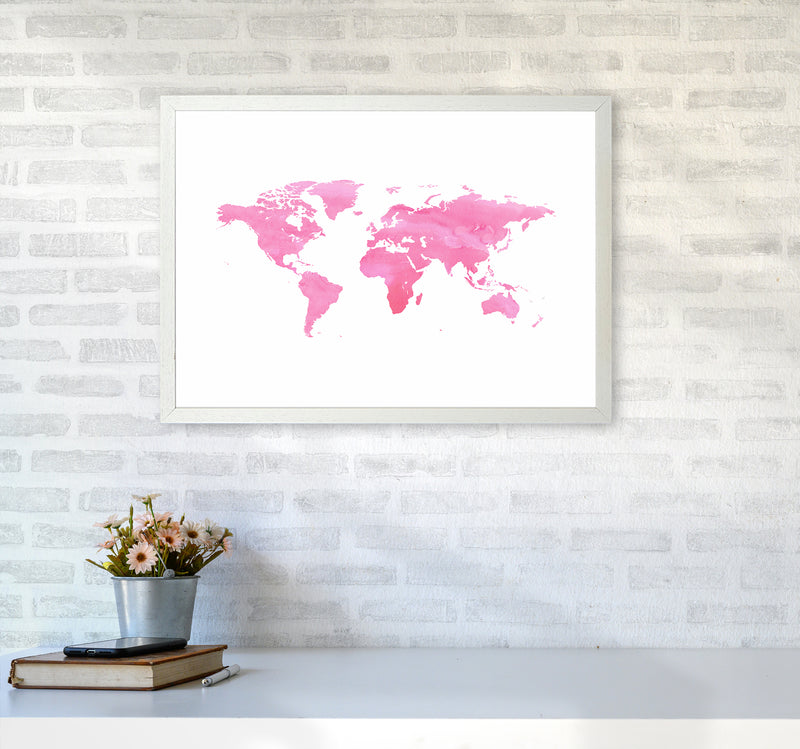 Pink Watercolor World Maps Art Print by Seven Trees Design A2 Oak Frame
