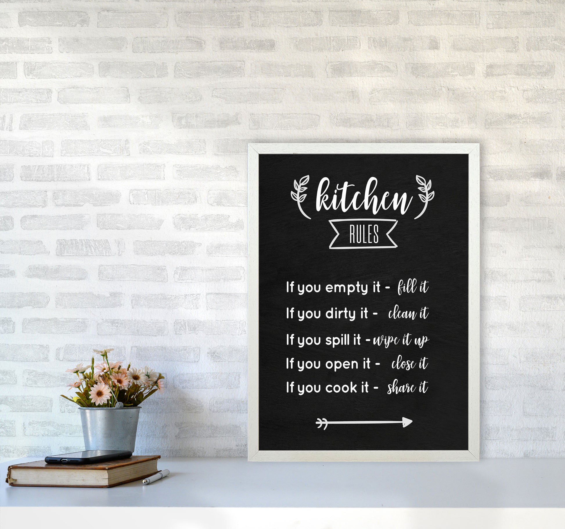 Kitchen rules Art Print by Seven Trees Design A2 Oak Frame