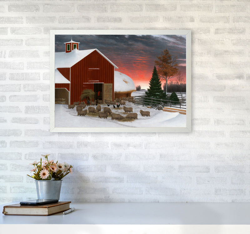 Snowy Farm Art Print by Seven Trees Design A2 Oak Frame