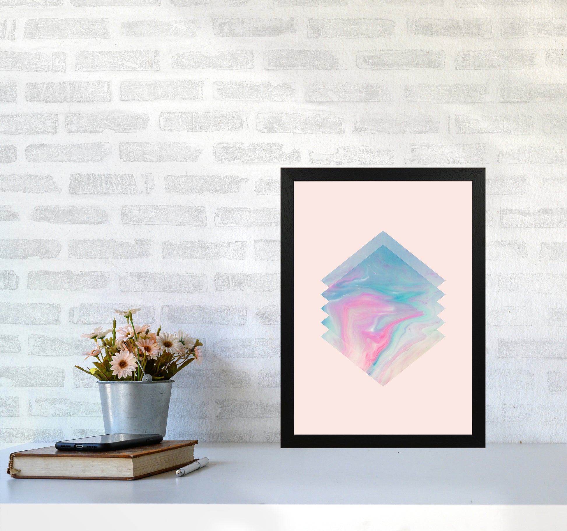 Pink Aqua Marble Abstract Art Print by Seven Trees Design A3 White Frame