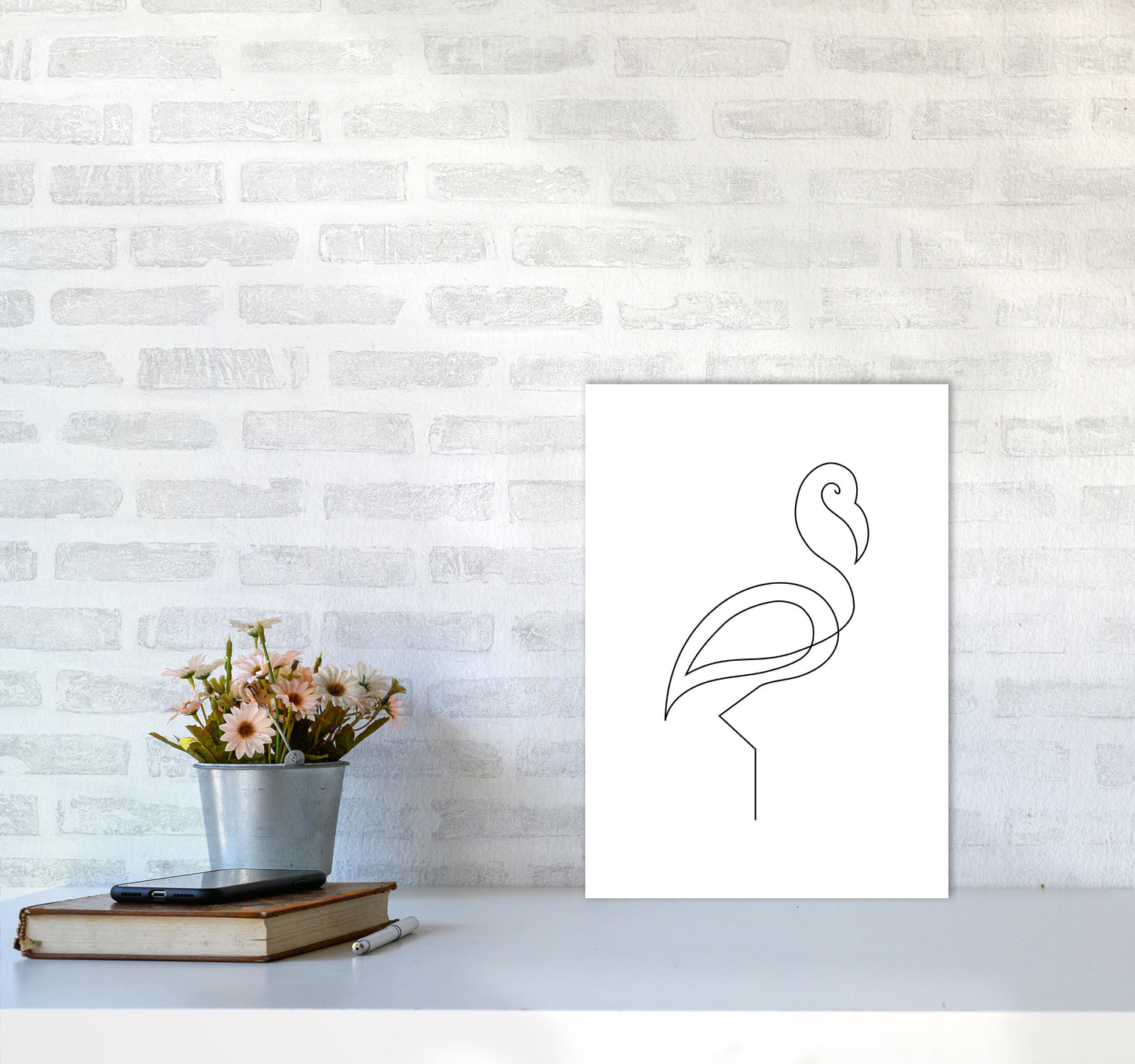 One Line Flamingo Art Print by Seven Trees Design A3 Black Frame