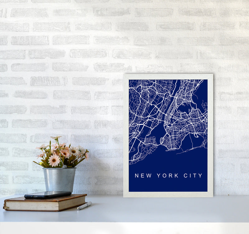 NYC Streets Blue Map Art Print by Seven Trees Design A3 Oak Frame