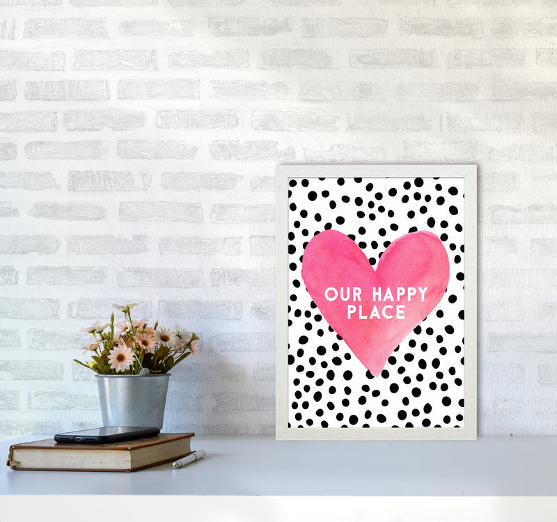 Our Happy Place Quote Art Print by Seven Trees Design A3 Oak Frame