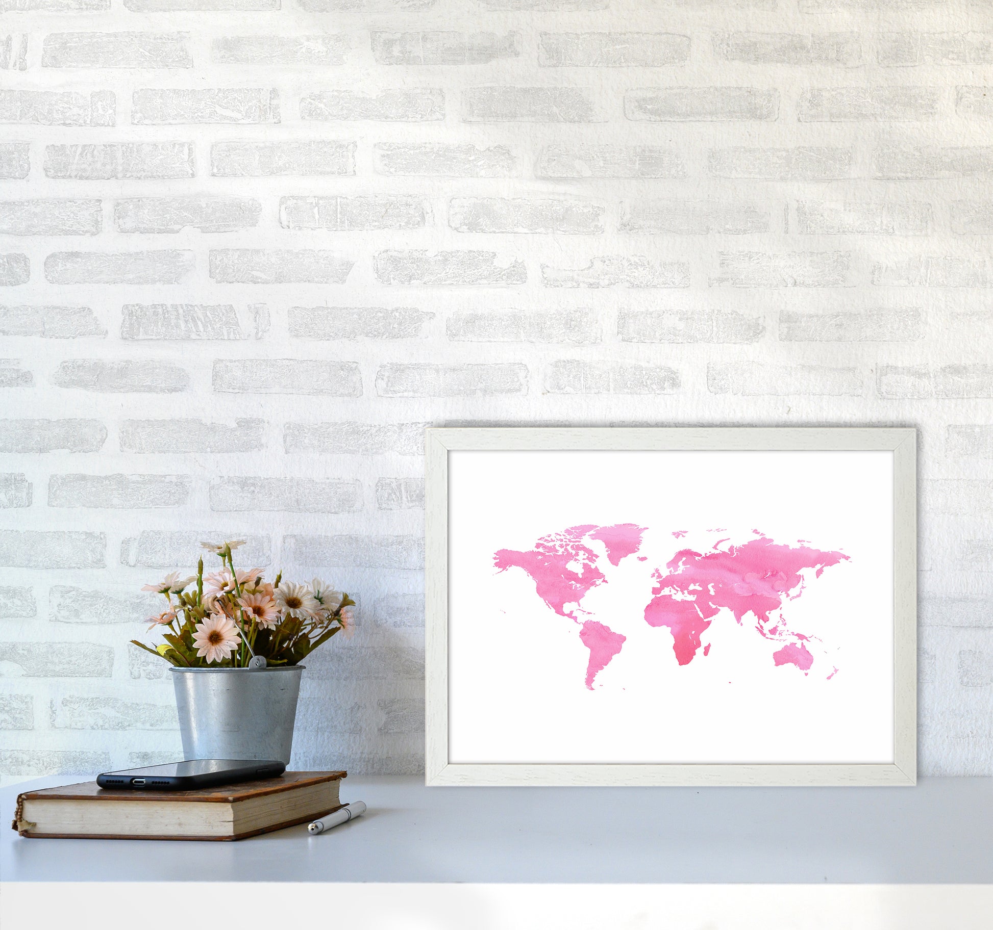 Pink Watercolor World Maps Art Print by Seven Trees Design A3 Oak Frame