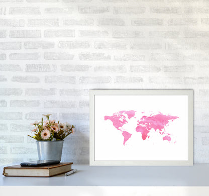 Pink Watercolor World Maps Art Print by Seven Trees Design A3 Oak Frame
