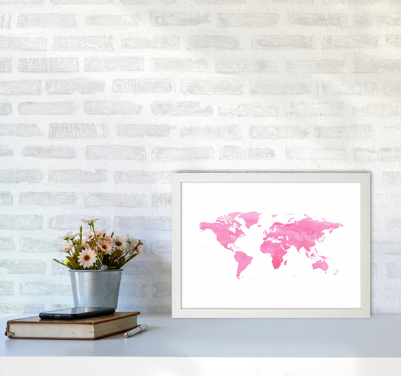 Pink Watercolor World Maps Art Print by Seven Trees Design A3 Oak Frame