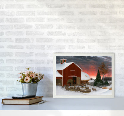 Snowy Farm Art Print by Seven Trees Design A3 Oak Frame