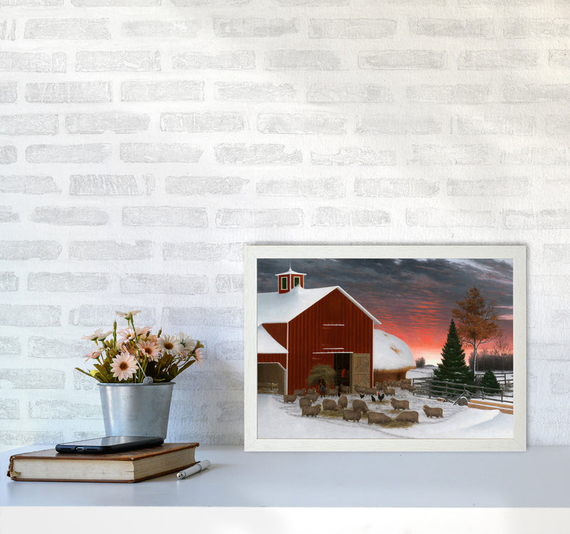 Snowy Farm Art Print by Seven Trees Design A3 Oak Frame