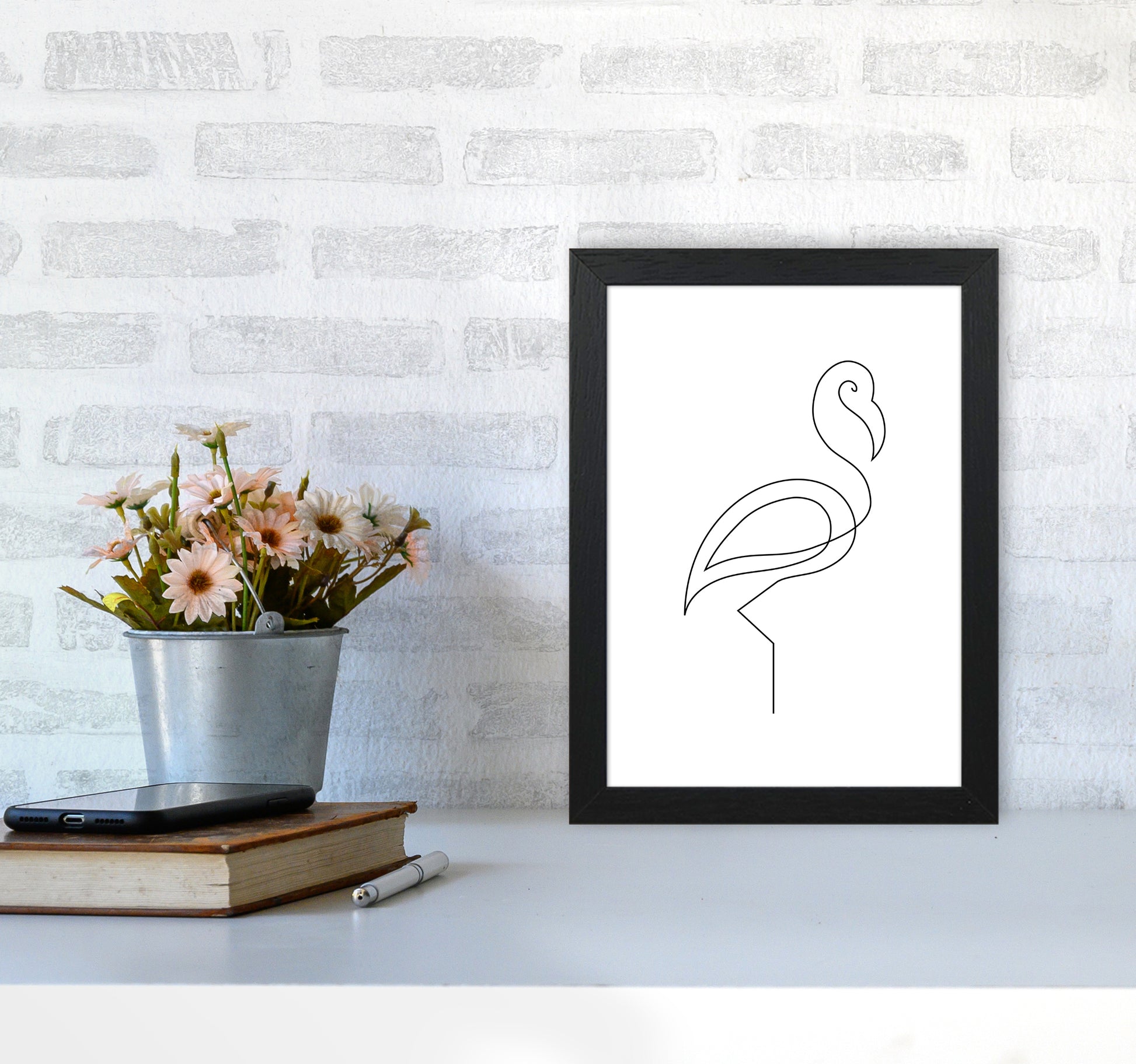 One Line Flamingo Art Print by Seven Trees Design A4 White Frame
