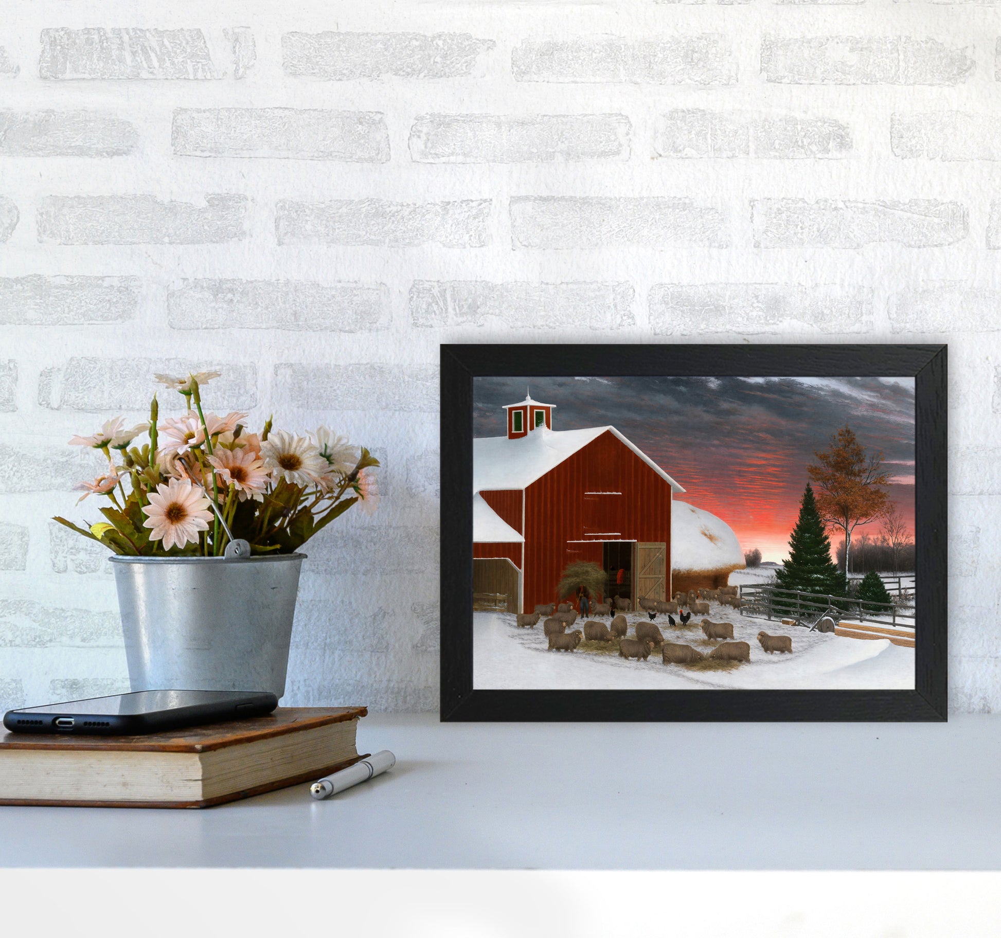 Snowy Farm Art Print by Seven Trees Design A4 White Frame