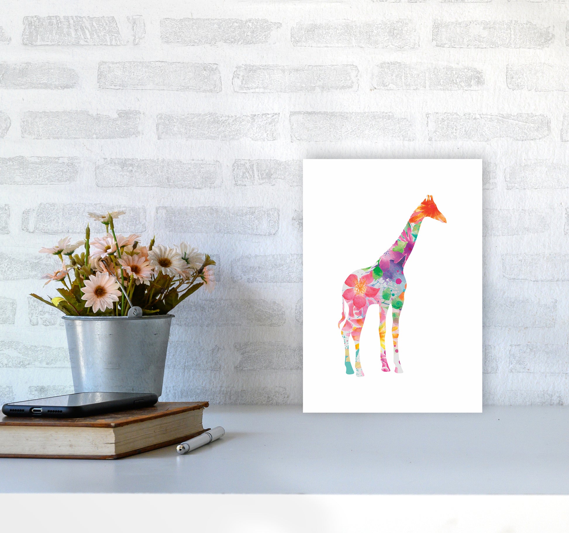 The Floral Giraffe Animal Art Print by Seven Trees Design A4 Black Frame