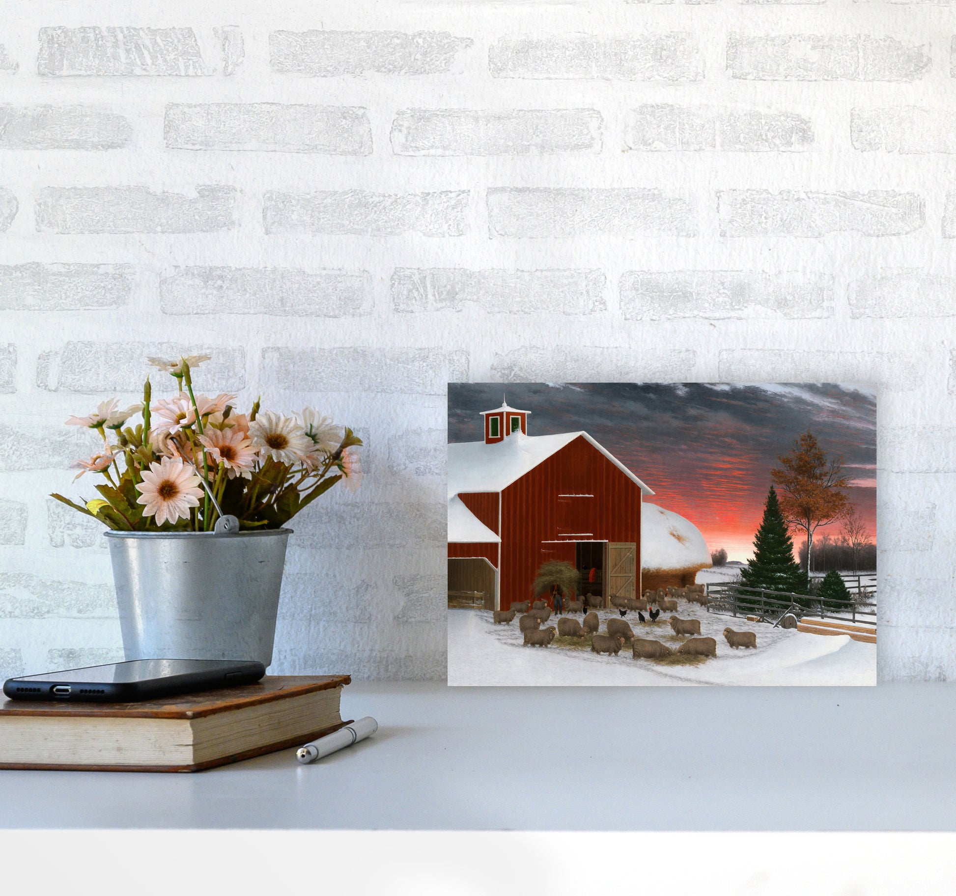 Snowy Farm Art Print by Seven Trees Design A4 Black Frame