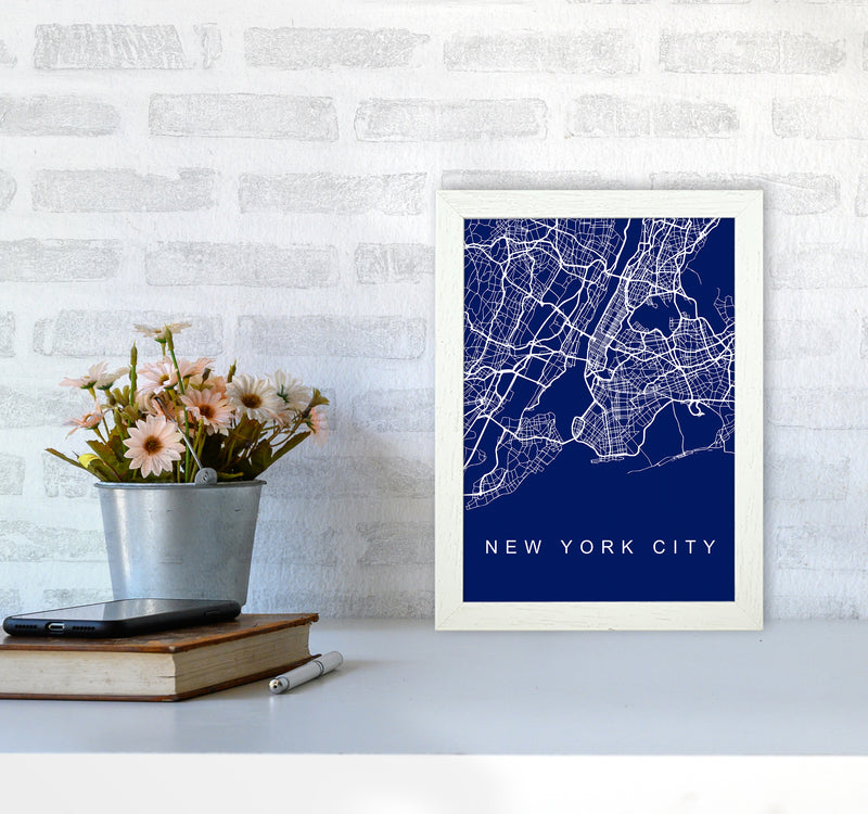 NYC Streets Blue Map Art Print by Seven Trees Design A4 Oak Frame