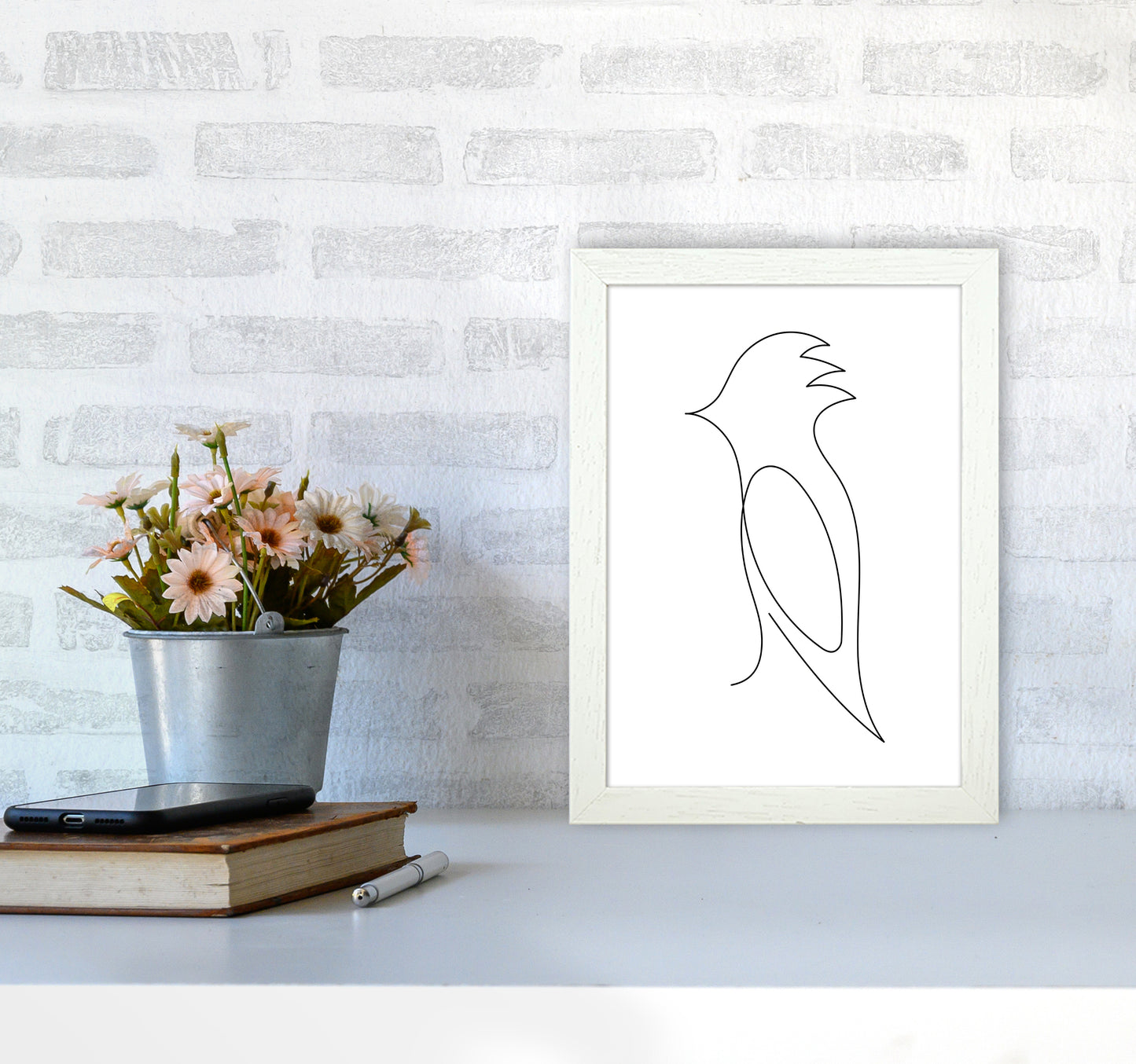 One Line Bird Art Print by Seven Trees Design A4 Oak Frame