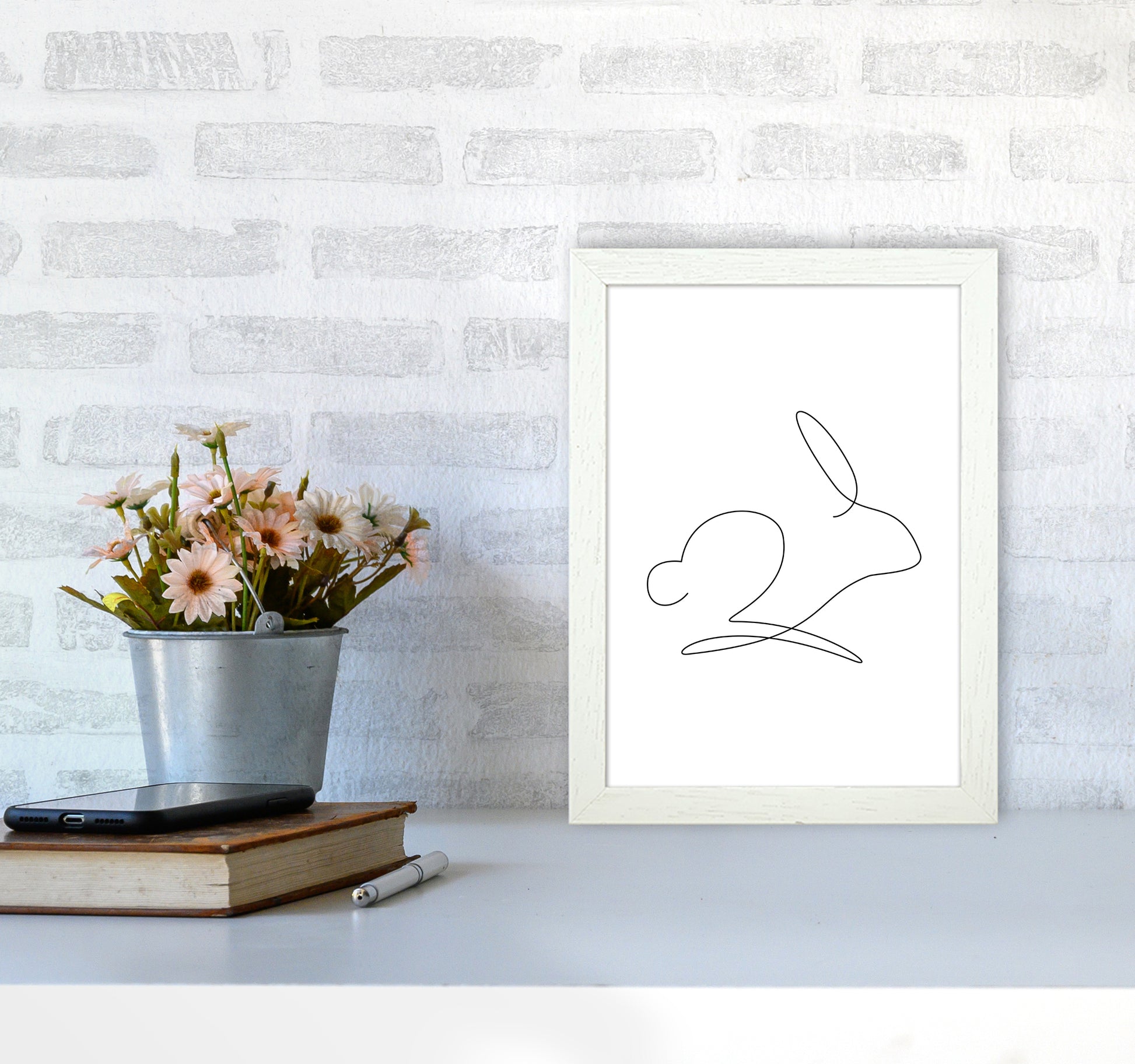 One Line Rabbit Art Print by Seven Trees Design A4 Oak Frame