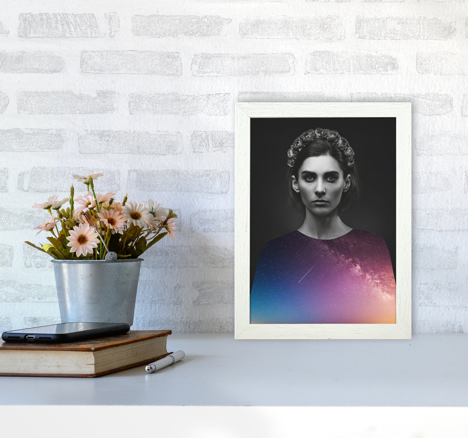 The Girl And The Stars Art Print by Seven Trees Design A4 Oak Frame