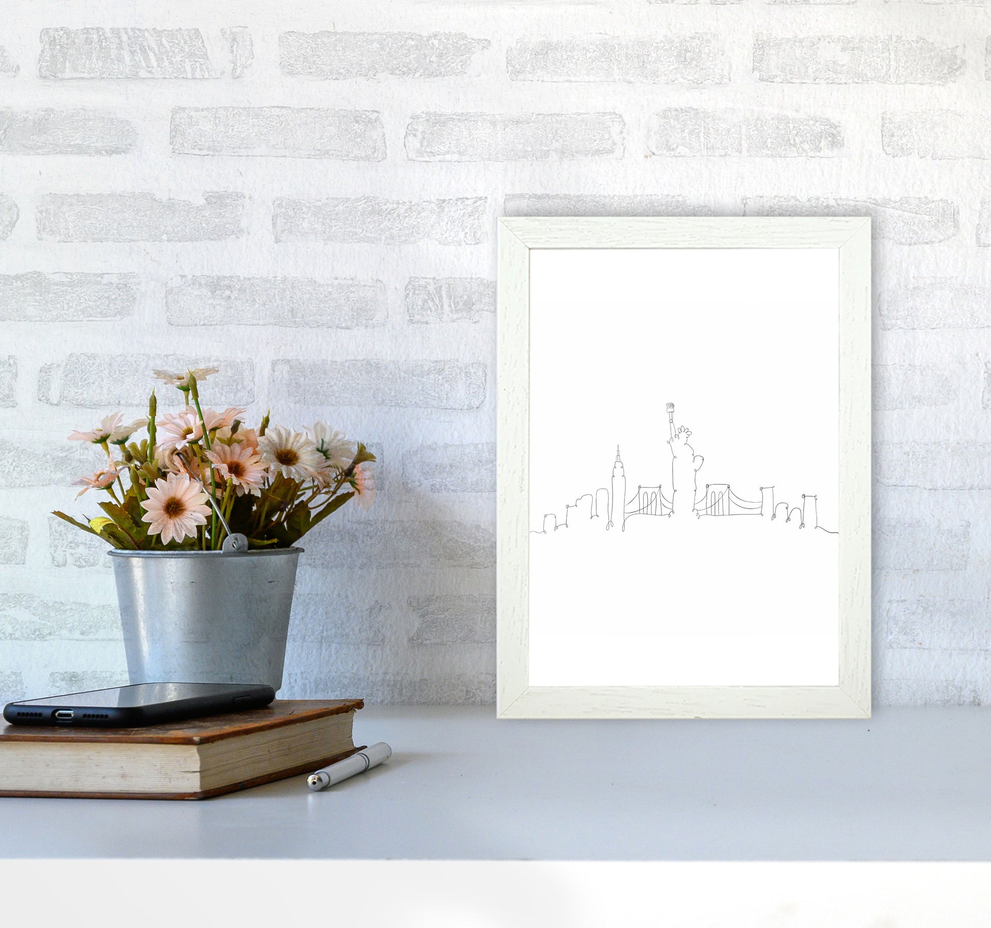 One Line New York Art Print by Seven Trees Design A4 Oak Frame
