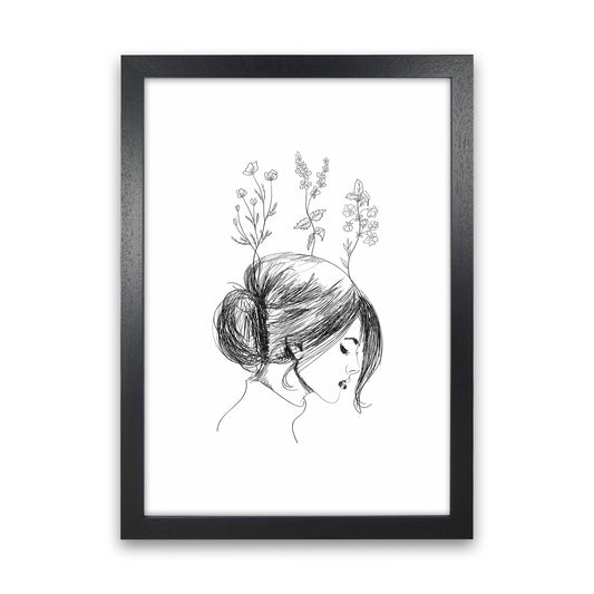Hand Drawn Flower Girl Art Print by Seven Trees Design Black Grain