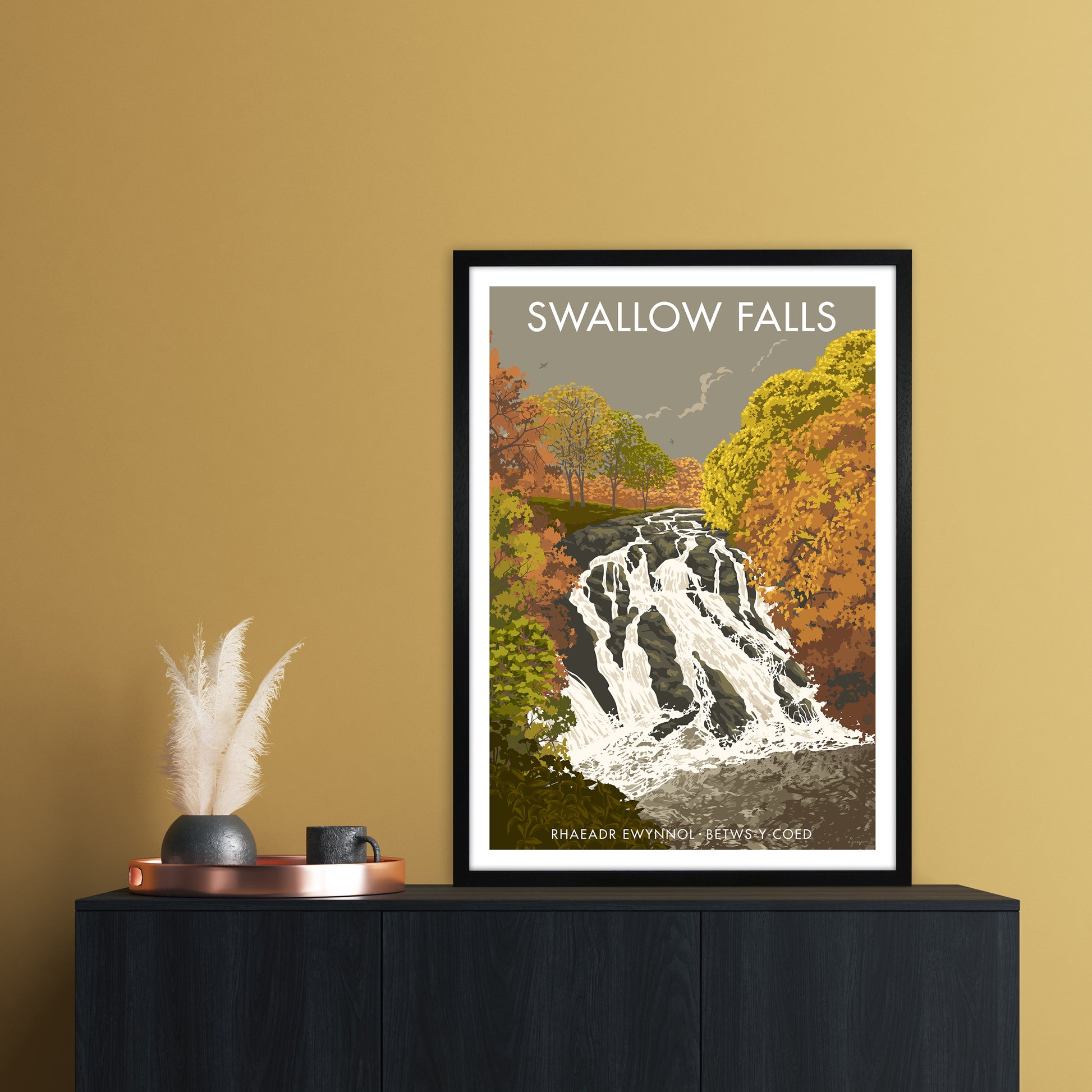 Wales Swallow Falls Art Print by Stephen Millership A1 White Frame