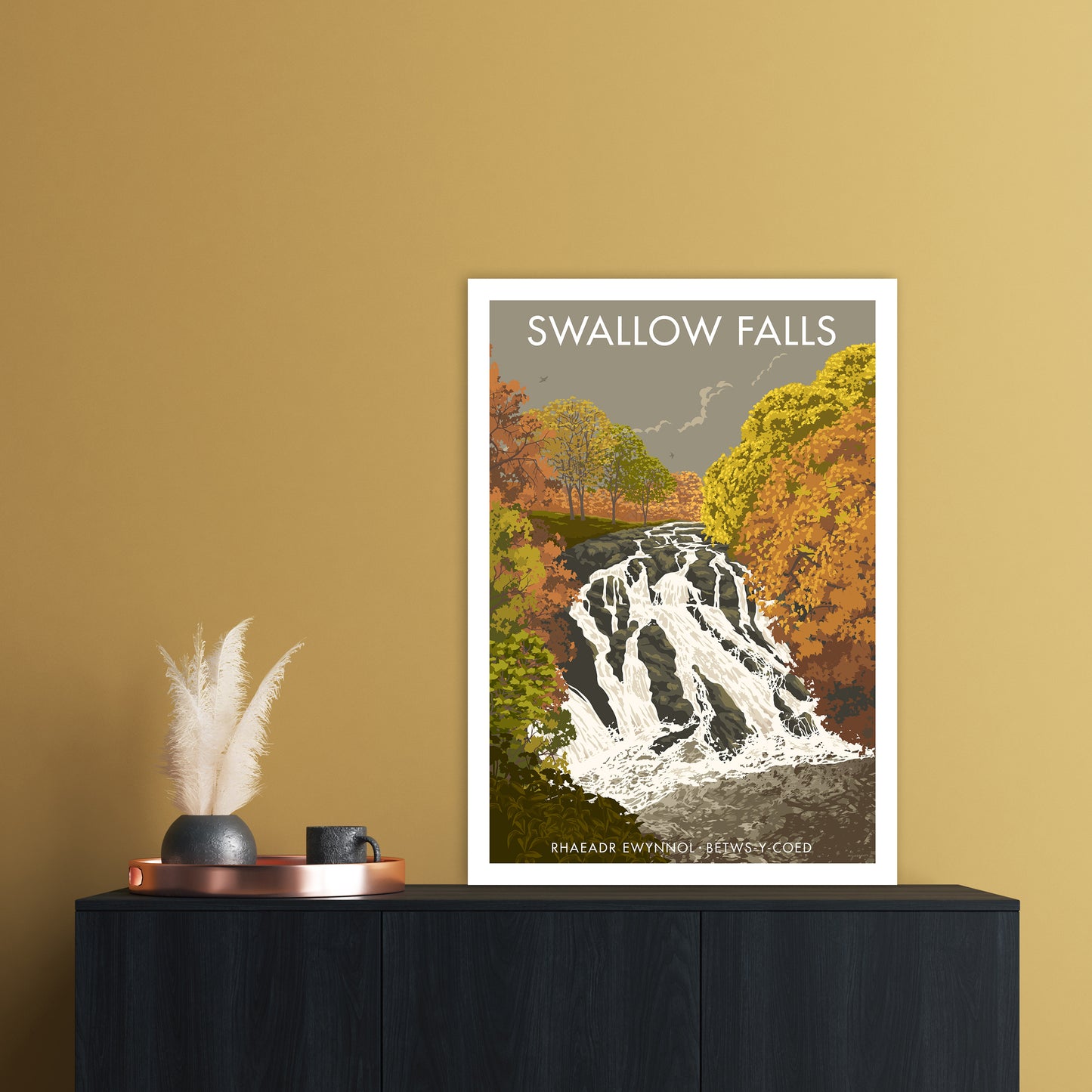 Wales Swallow Falls Art Print by Stephen Millership A1 Black Frame