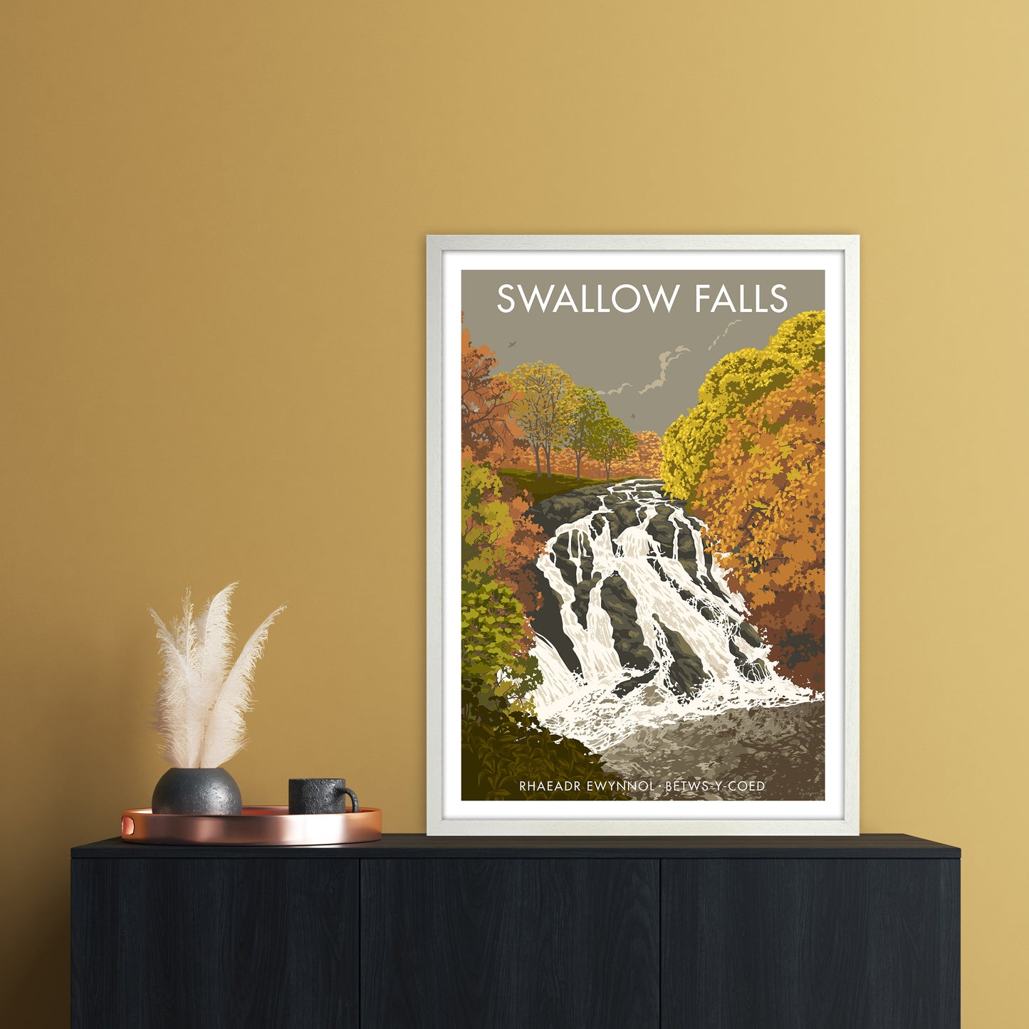 Wales Swallow Falls Art Print by Stephen Millership A1 Oak Frame