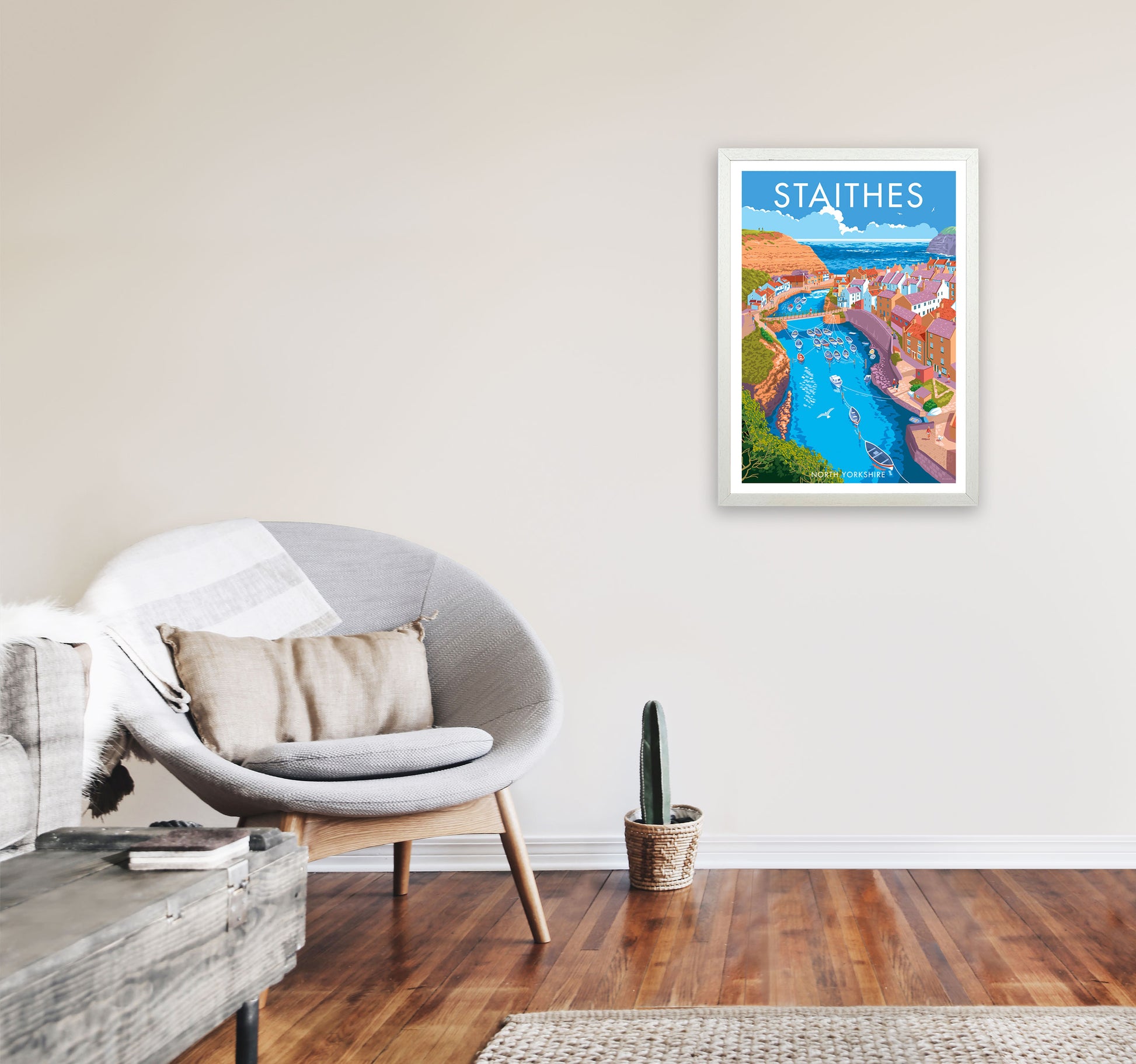 Staithes by Stephen Millership Yorkshire Art Print, Vintage Travel Poster A2 Oak Frame