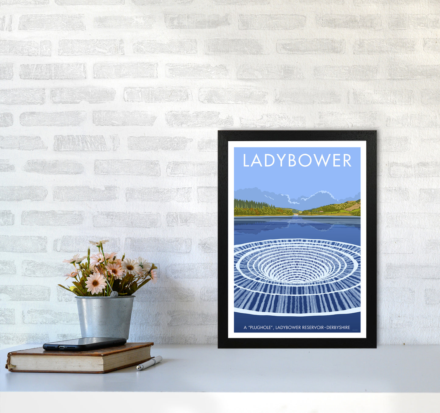 Derbyshire Ladybower Travel Art Print By Stephen Millership A3 White Frame