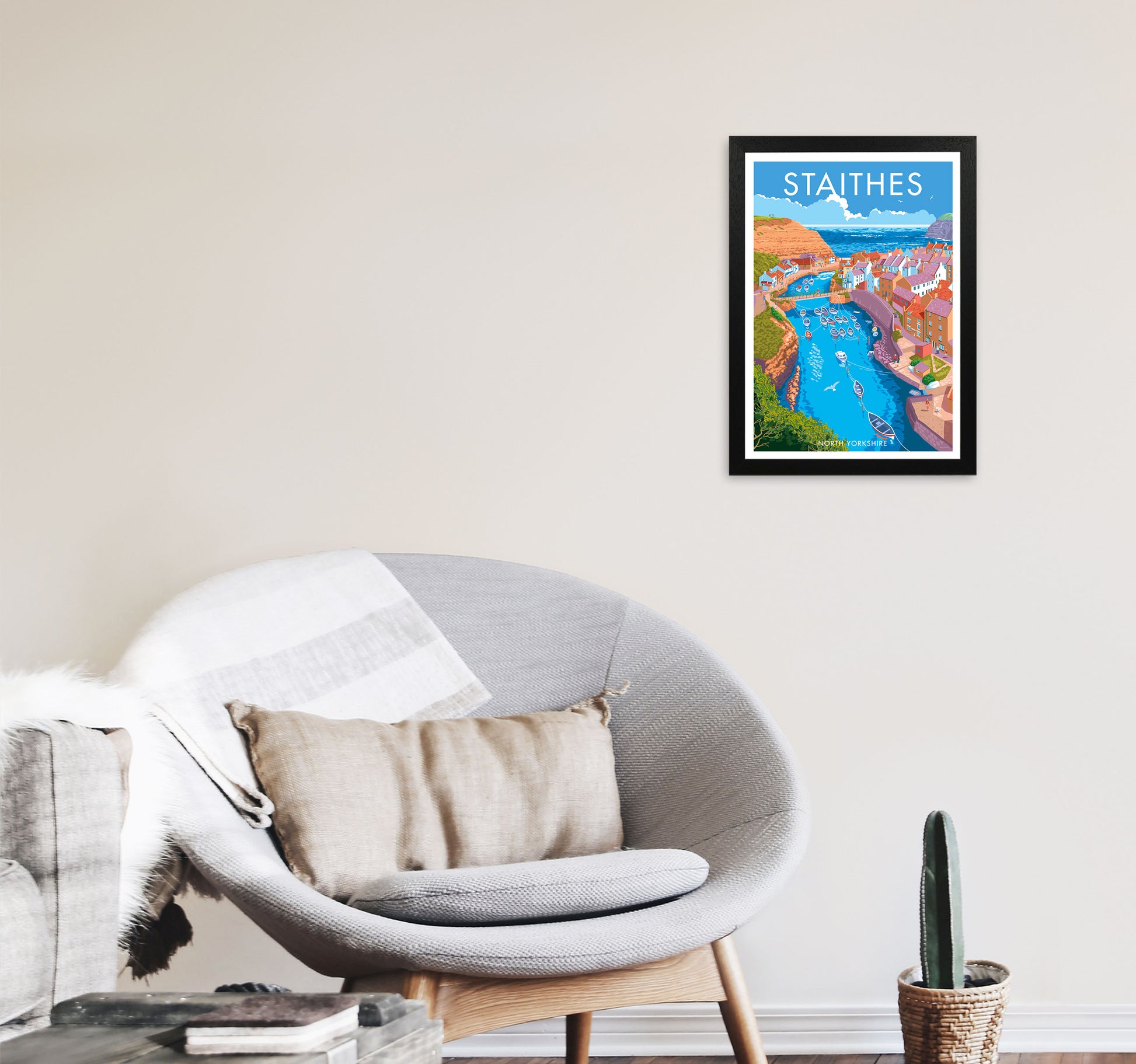 Staithes by Stephen Millership Yorkshire Art Print, Vintage Travel Poster A3 White Frame