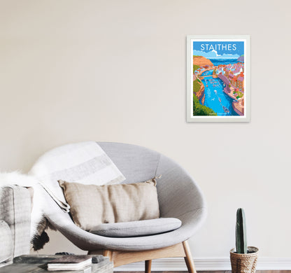 Staithes by Stephen Millership Yorkshire Art Print, Vintage Travel Poster A3 Oak Frame
