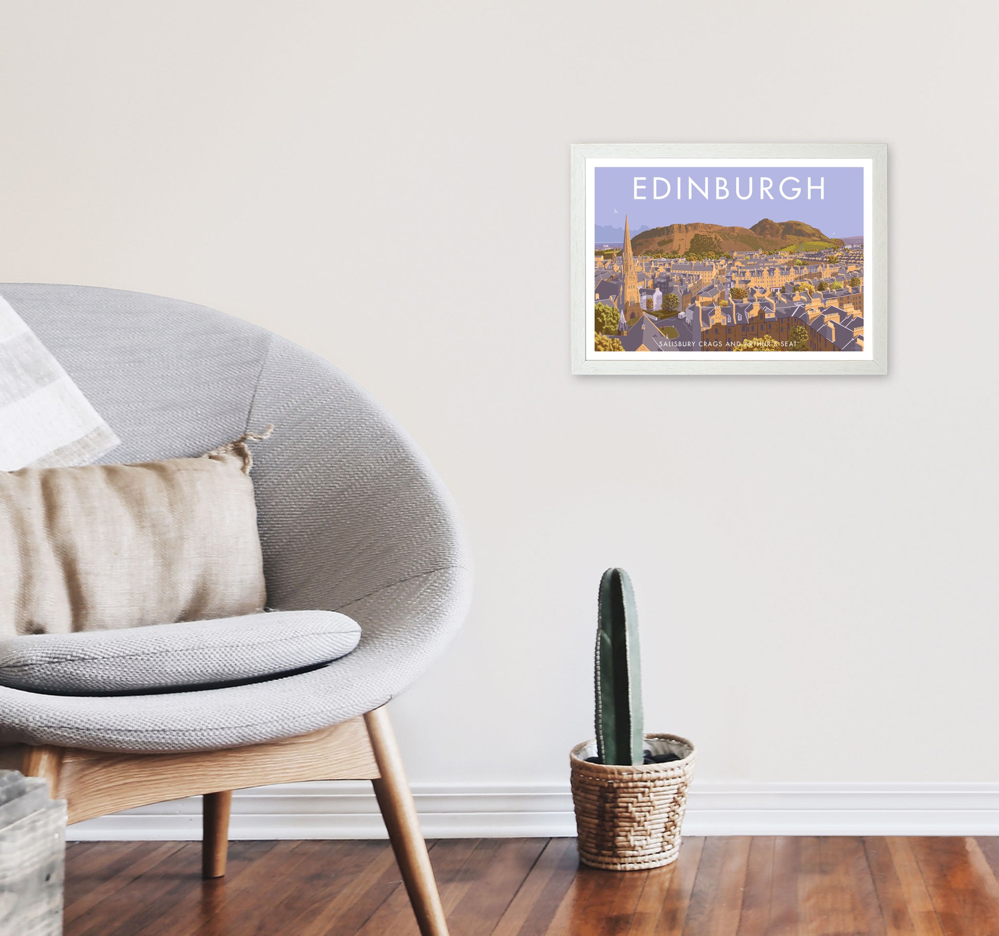 Arthur's Seat Edinburgh Travel Art Print by Stephen Millership, Framed Poster A3 Oak Frame