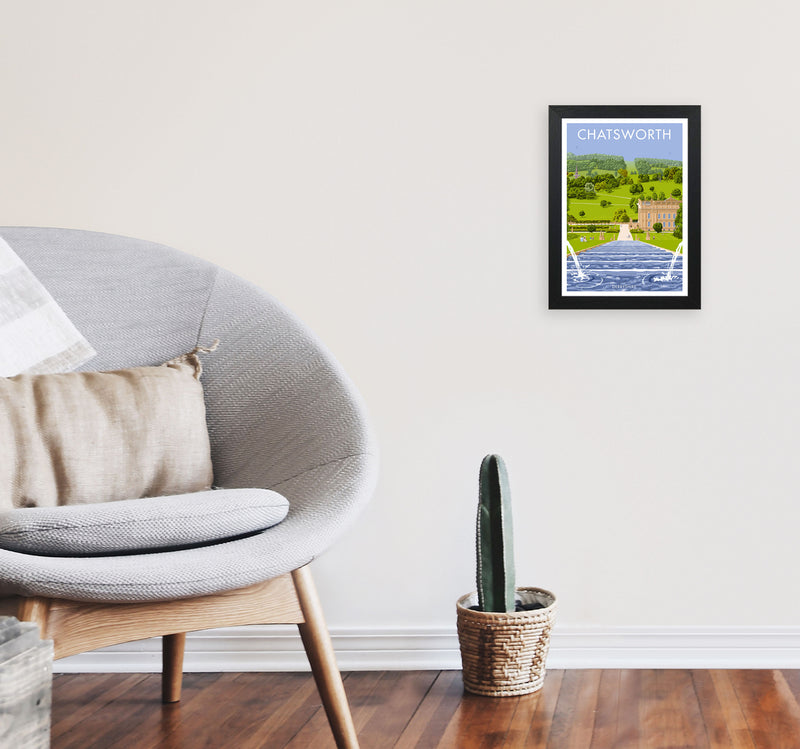 Chatsworth, Derbyshire Framed Art Print by Stephen Millership, Travel Poster A4 White Frame