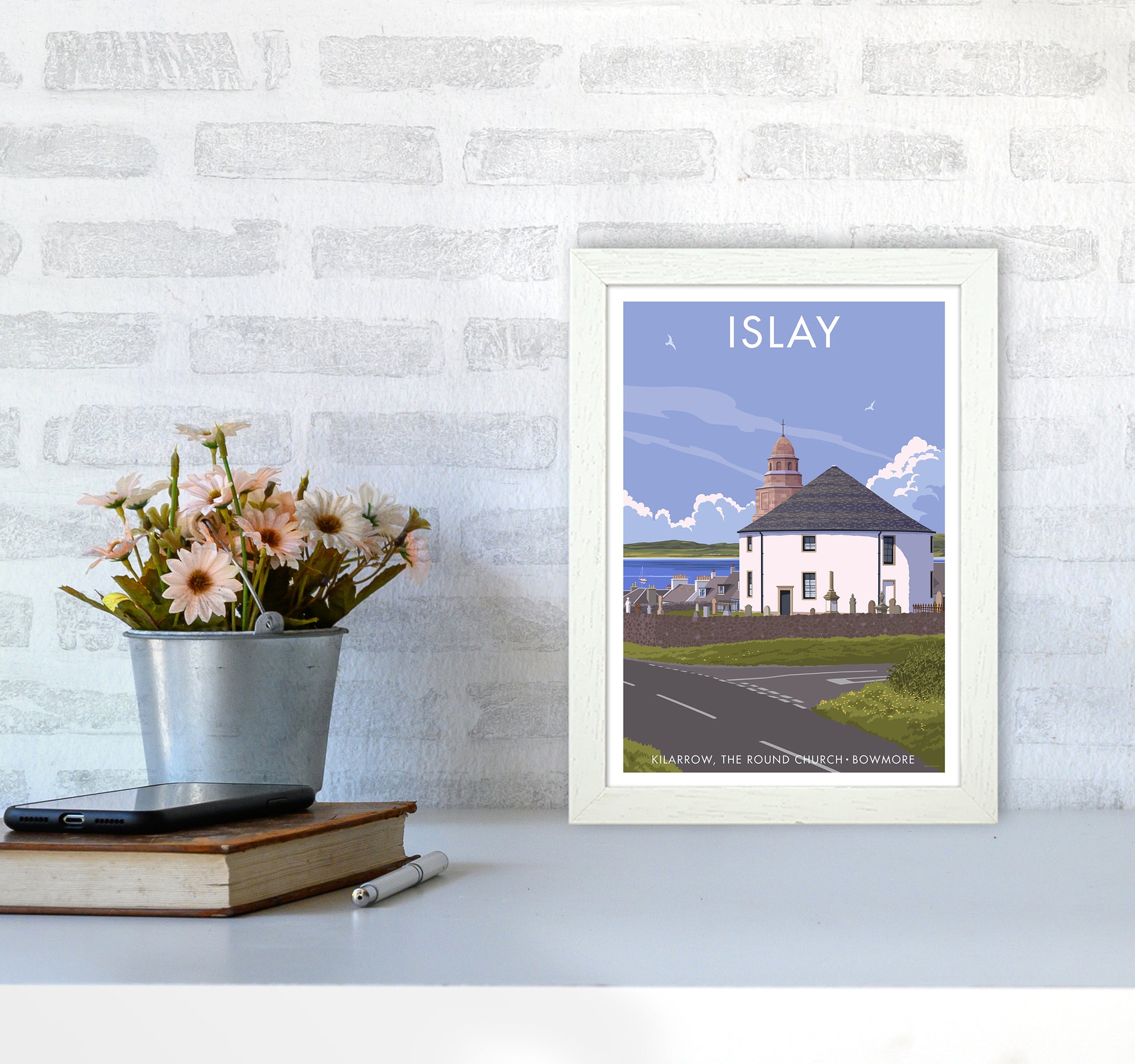 Islay Bowmore Travel Art Print By Stephen Millership A4 Oak Frame