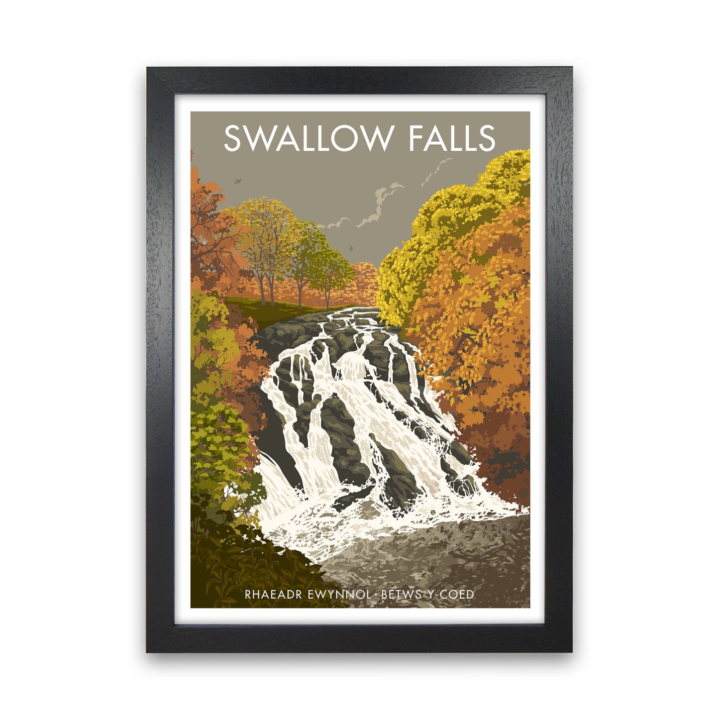 Wales Swallow Falls Art Print by Stephen Millership Black Grain
