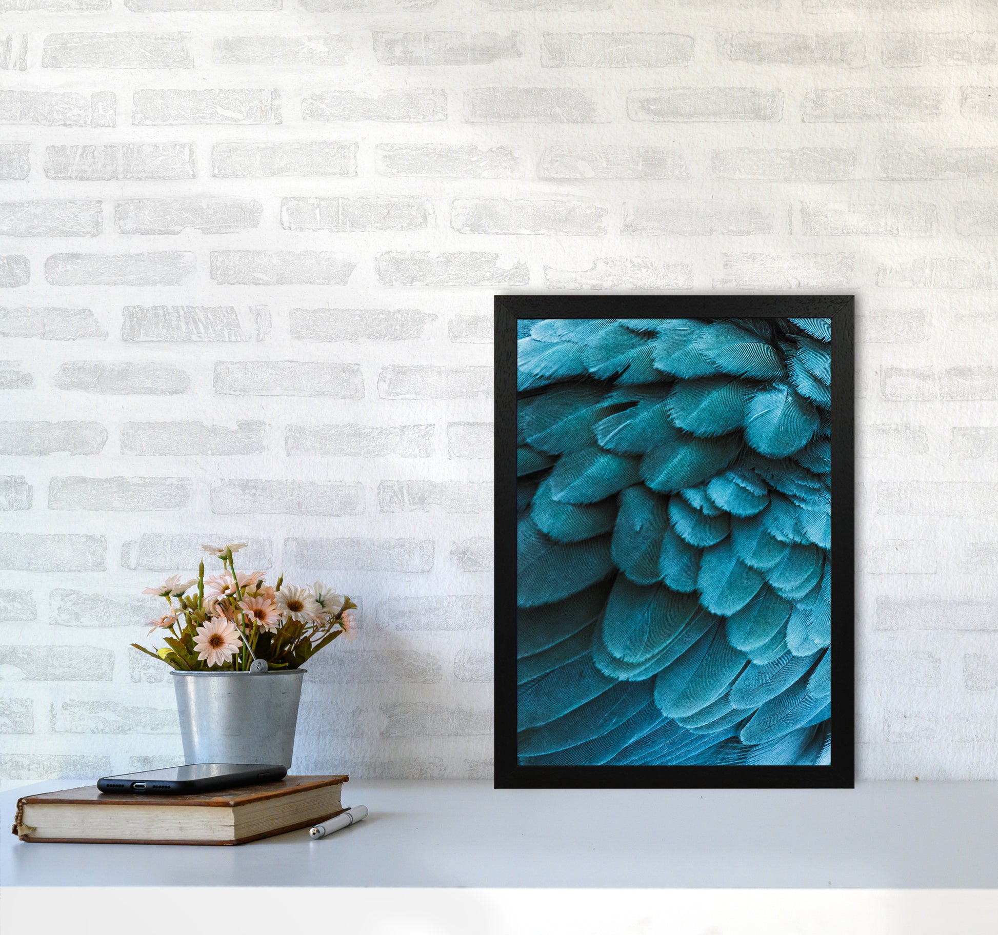 Blue Feathers Photography Print by Victoria Frost A3 White Frame