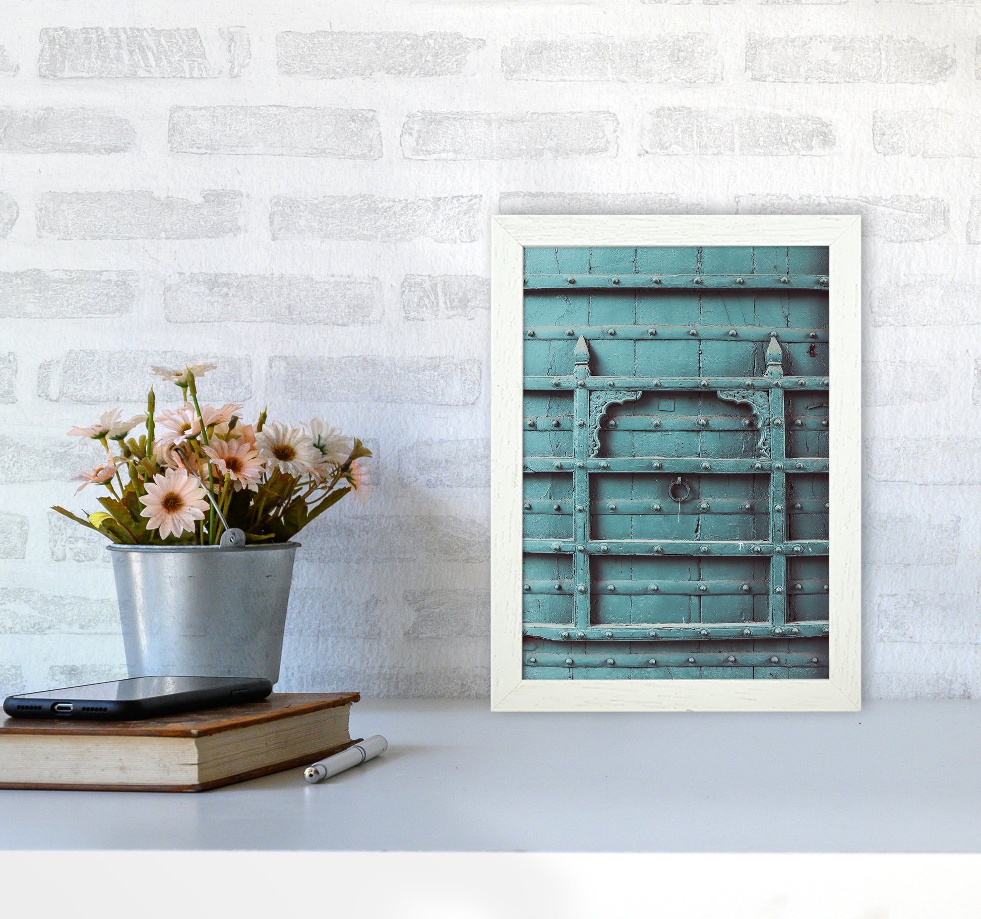 Blue Door Photography Print by Victoria Frost A4 Oak Frame
