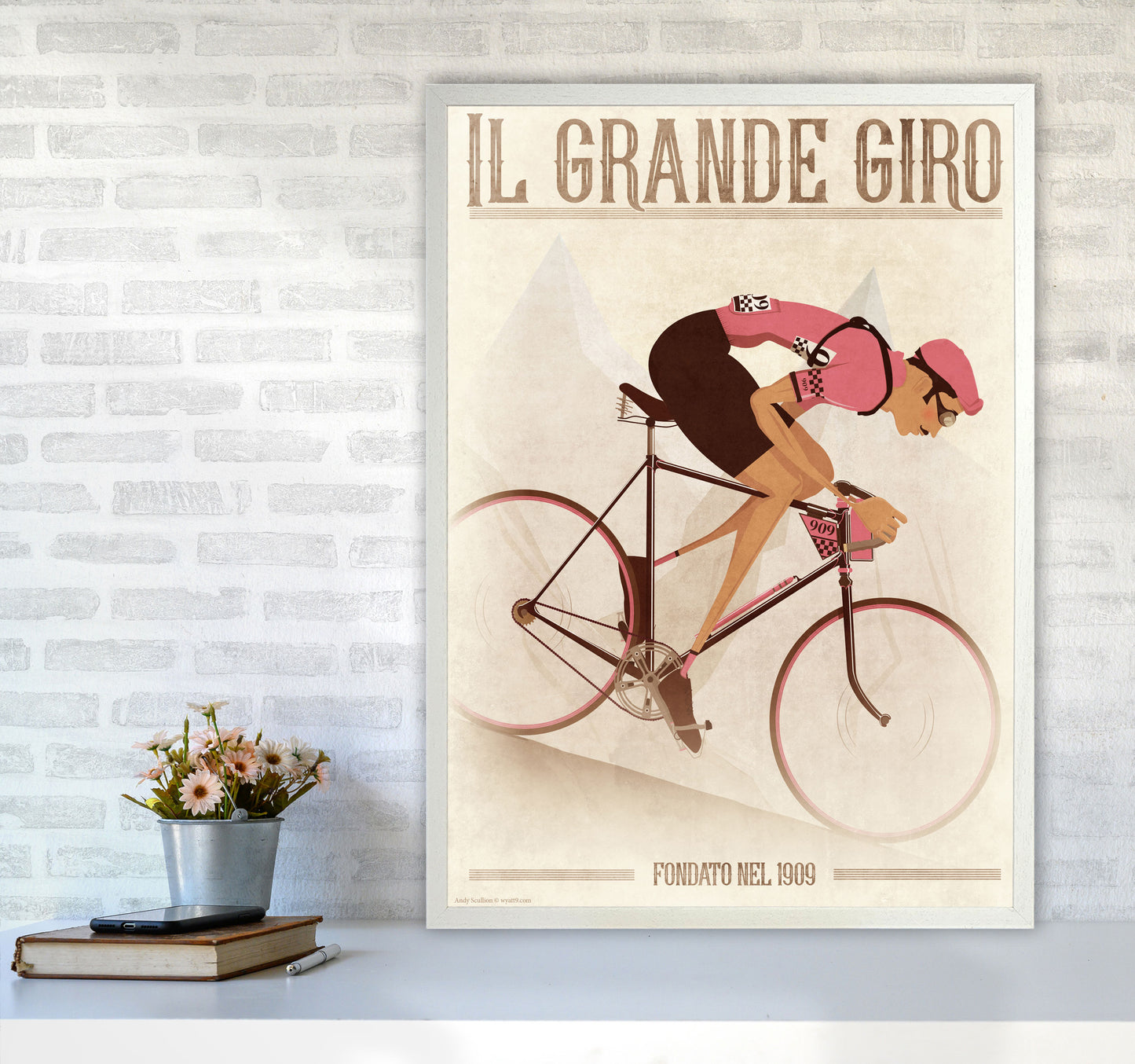 PinkRetro Cycling Print by Wyatt9 A1 Oak Frame