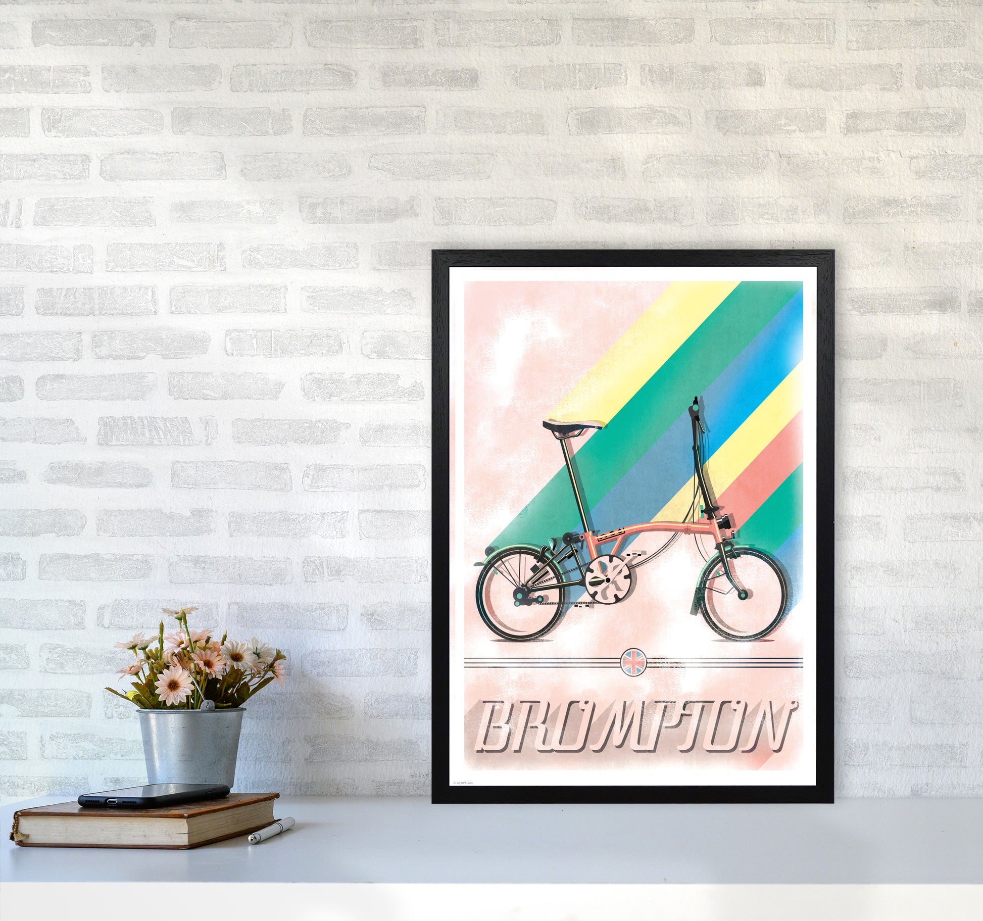 Brompton Vintage Cycling Print by Wyatt9 A2 White Frame