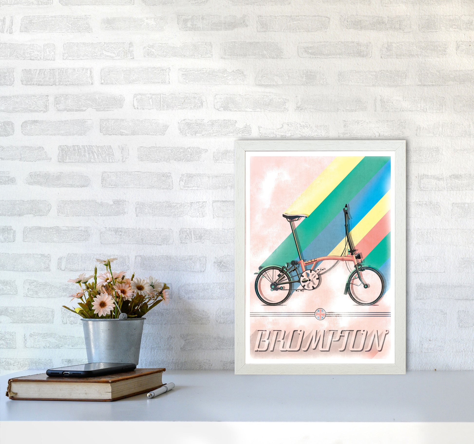 Brompton Vintage Cycling Print by Wyatt9 A3 Oak Frame