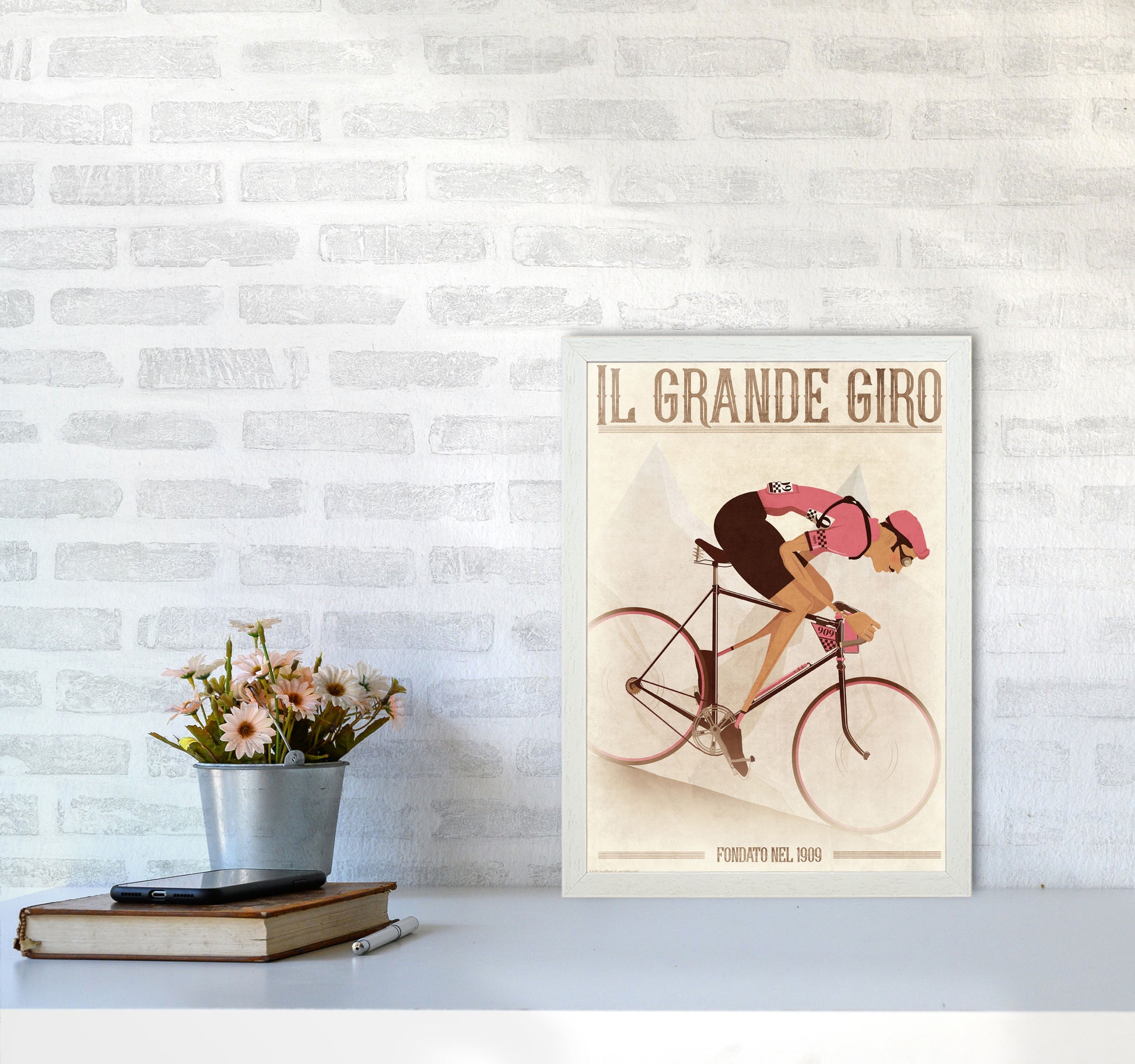PinkRetro Cycling Print by Wyatt9 A3 Oak Frame