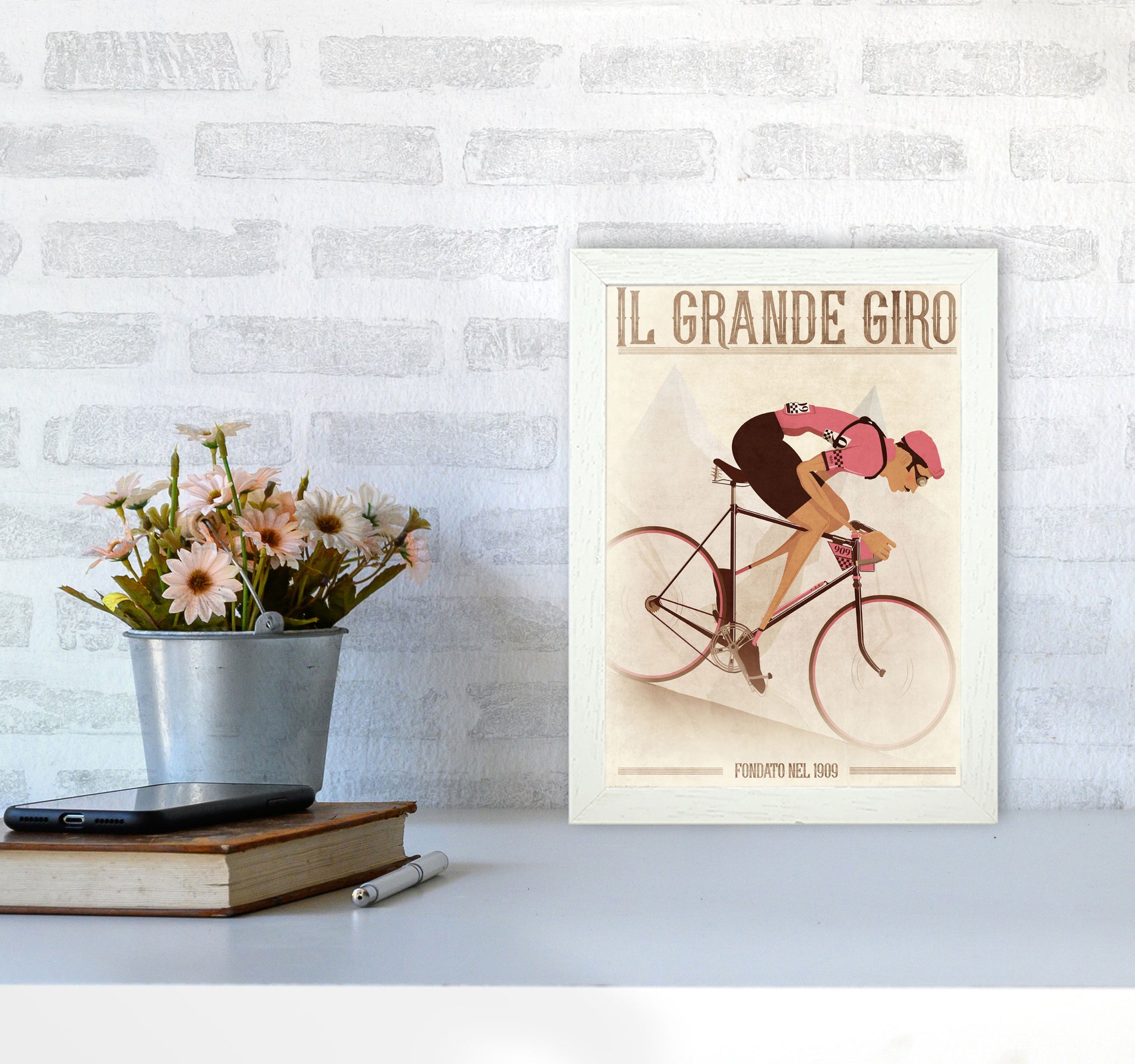 PinkRetro Cycling Print by Wyatt9 A4 Oak Frame