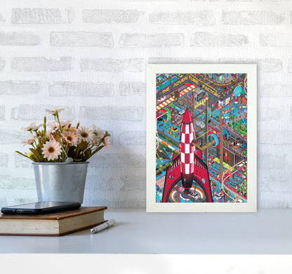 Rocket Retro Print by Wyatt9 A4 Oak Frame