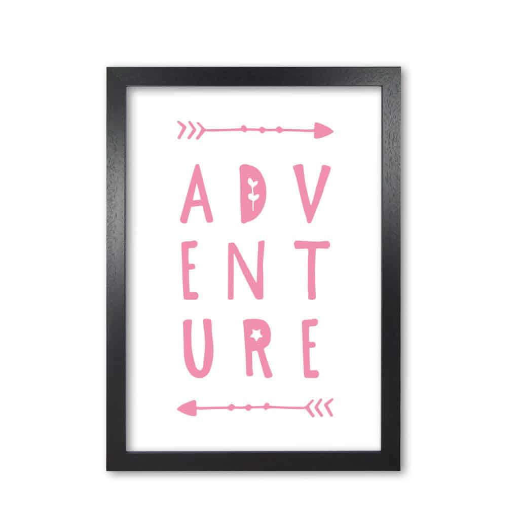 Adventure pink modern fine art print, framed typography wall art