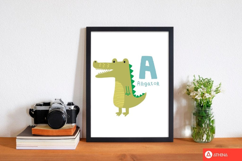 Alphabet animals, a is for alligator modern fine art print, framed childrens nursey wall art poster
