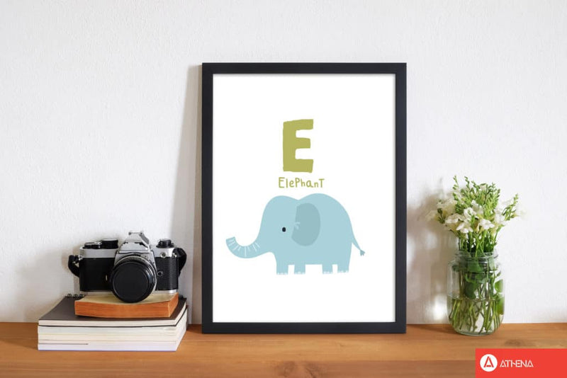Alphabet animals, e is for elephant modern fine art print, framed childrens nursey wall art poster